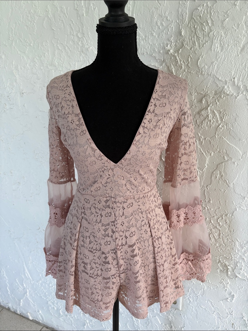Romantic Blush Lace Long Sleeve V-Neck Romper